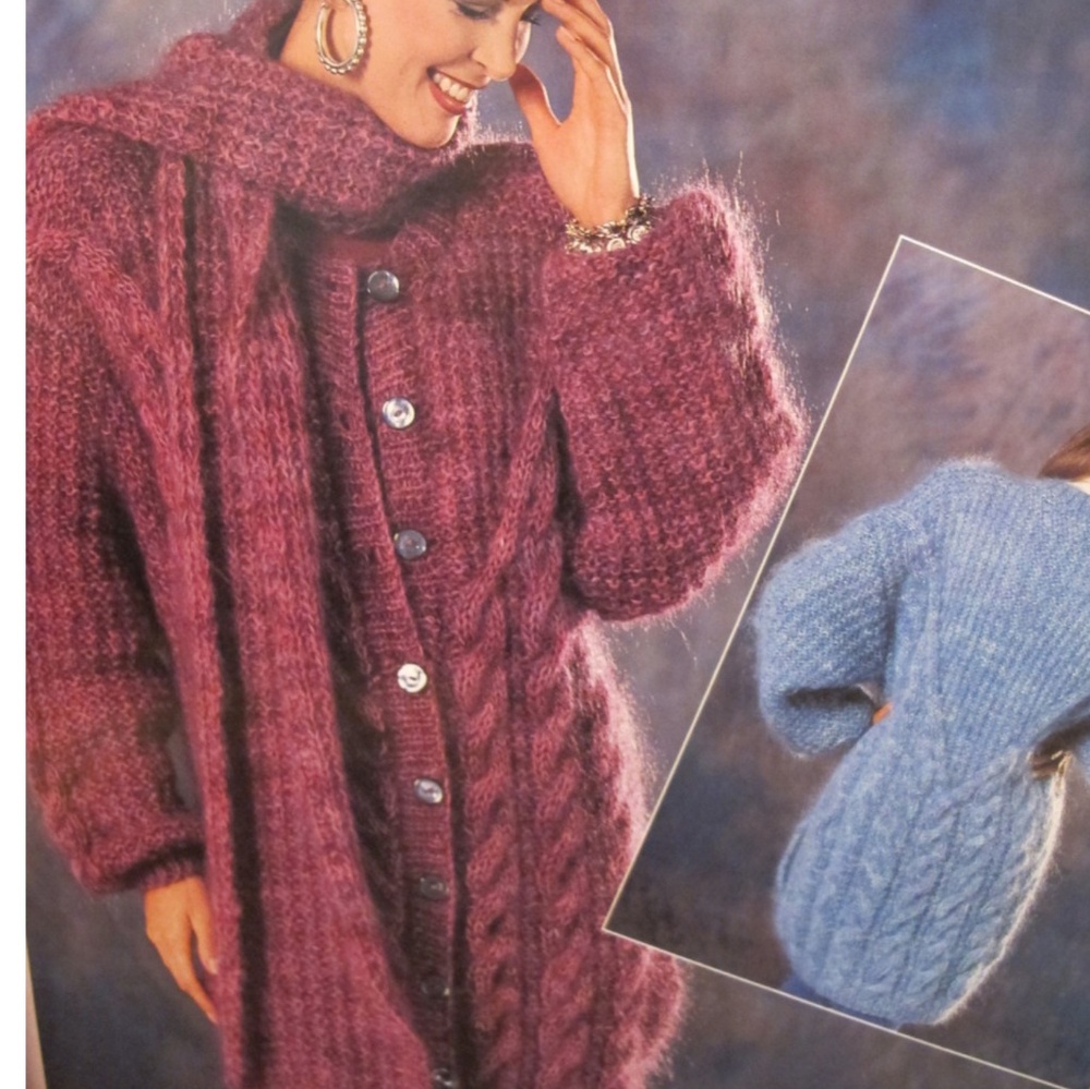 Handknit Brunswick Yarns long cardigan/coat.